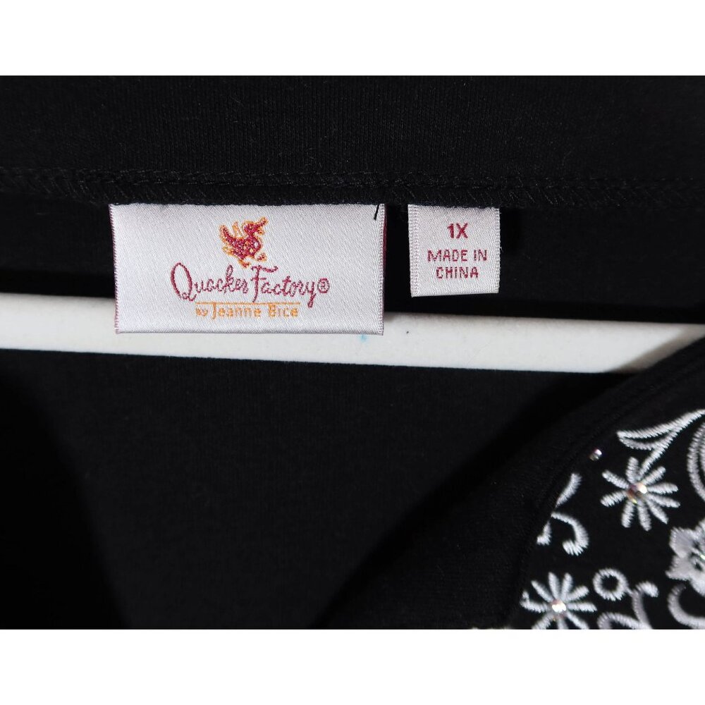 QUACKER FACTORY Embroidered Rhinestone 3/4 Sleeve Knit Tunic Top 1X Black White - Picture 8 of 10